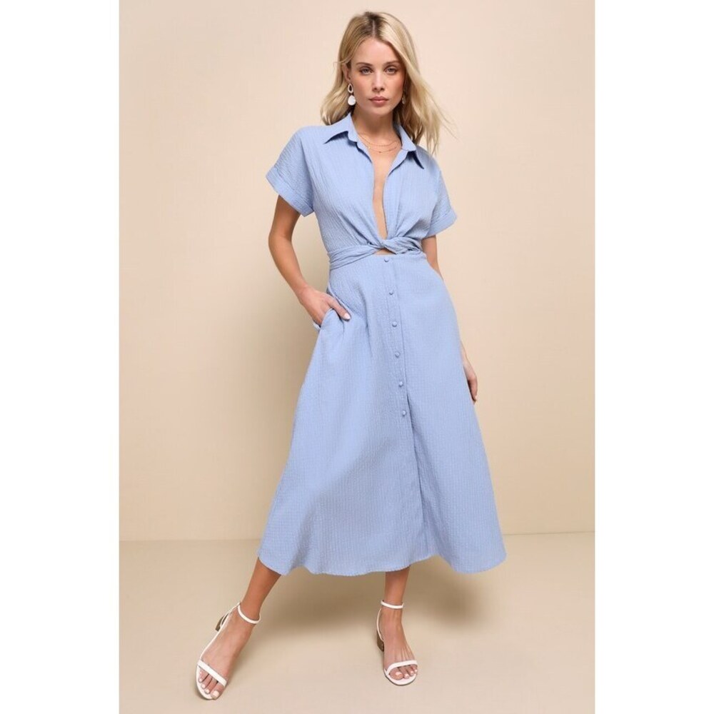 Lulus Palermo Perfection Light Blue Collared Midi Dress With Pockets - Size M